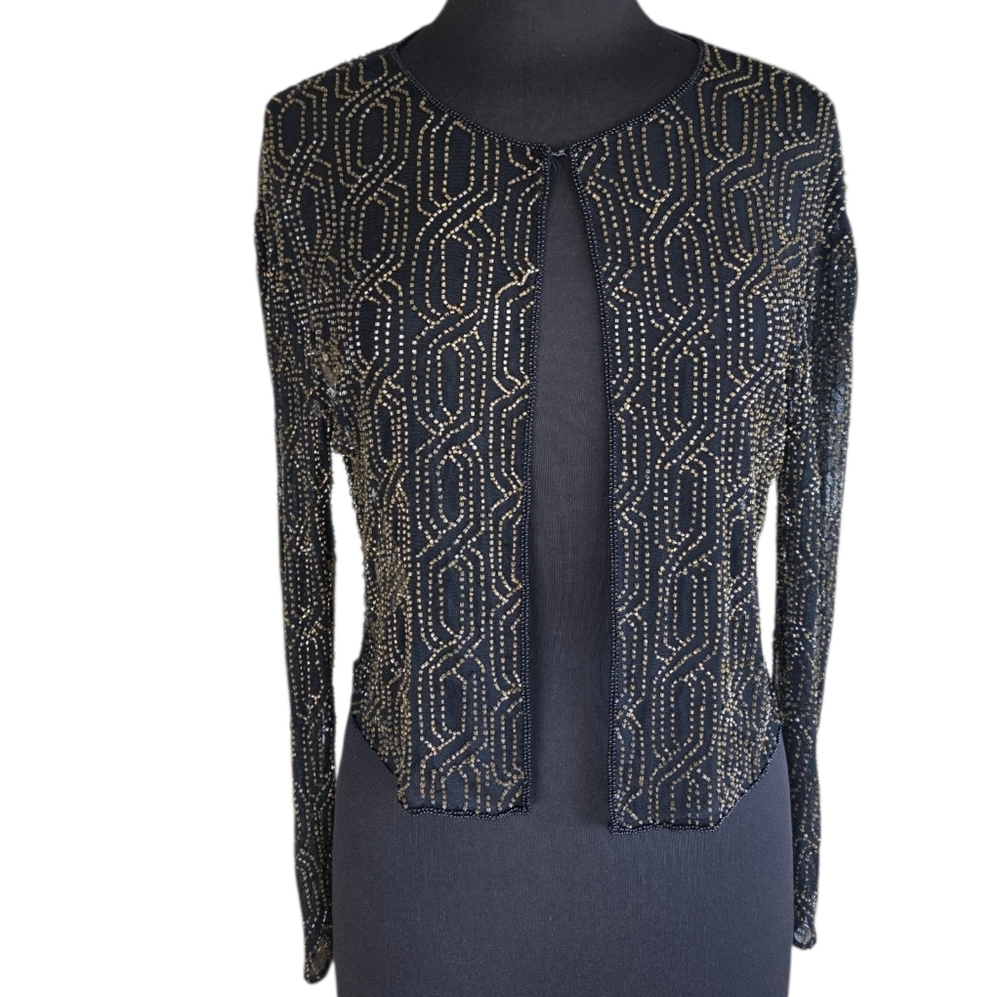 Vintage 80s Harrison Morgan Sheer Beaded Top Black and Gold Geometric Blouse